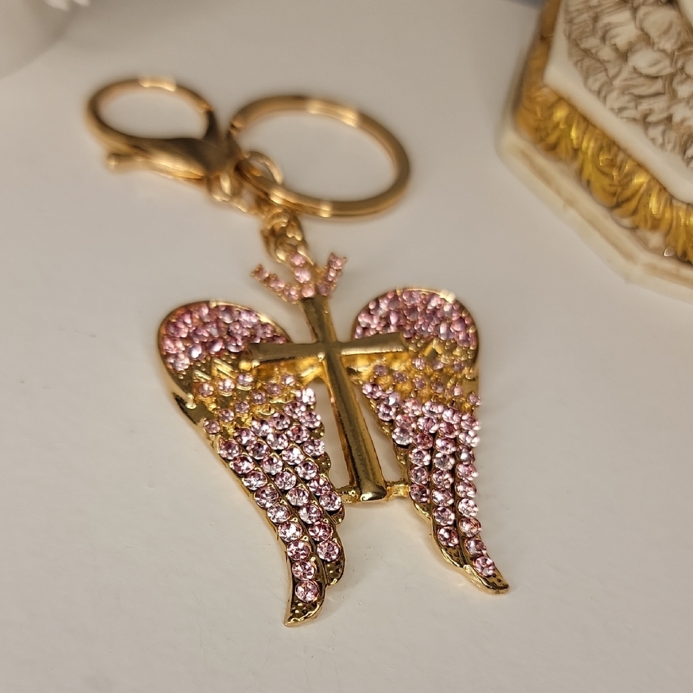 Angel Wing Cross Sparkling Gold and Pink Bag Charm Key Chain Rhinestone